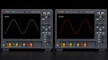 Conceptual comparison of the same millivolt-scale disturbance captured at 8-bit versus 14-bit vertical resolution: the 8-bit trace's quantization steps mask detail that the 14-bit InfiniiVision HD3 trace resolves cleanly.
