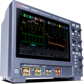 Keysight HD304MSO InfiniiVision HD-Series mixed signal oscilloscope displaying a sine wave, eye diagram, and FFT spectrum on its touchscreen