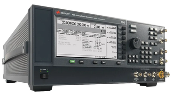 Three-quarter view of the Keysight E8257D PSG analog signal generator with its display, keypad, rotary knob, and front-panel RF and pulse connectors