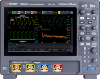 Front panel of the Keysight InfiniiVision HD304MSO mixed signal oscilloscope, showing a touchscreen display with waveform, histogram, and FFT plots, alongside horizontal, trigger, marker, and vertical control knobs and four input channel connectors.