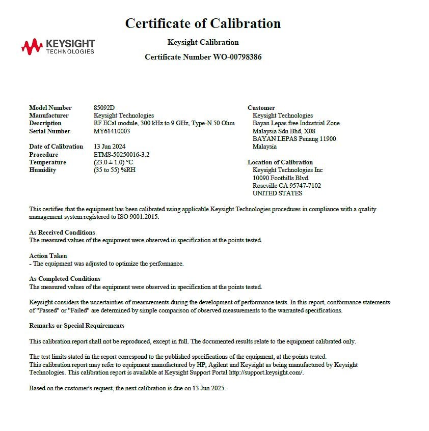 Keysight 85092D RF Electronic Calibration Module (ECal) / DC/300 kHz to 9 GHz / Type-N / 2 port / 50 Ohm