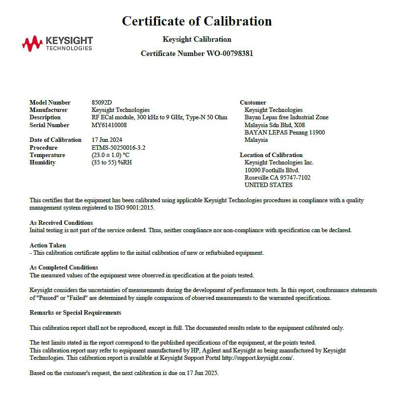 Keysight 85092D RF Electronic Calibration Module (ECal) / DC/300 kHz to 9 GHz / Type-N / 2 port / 50 Ohm