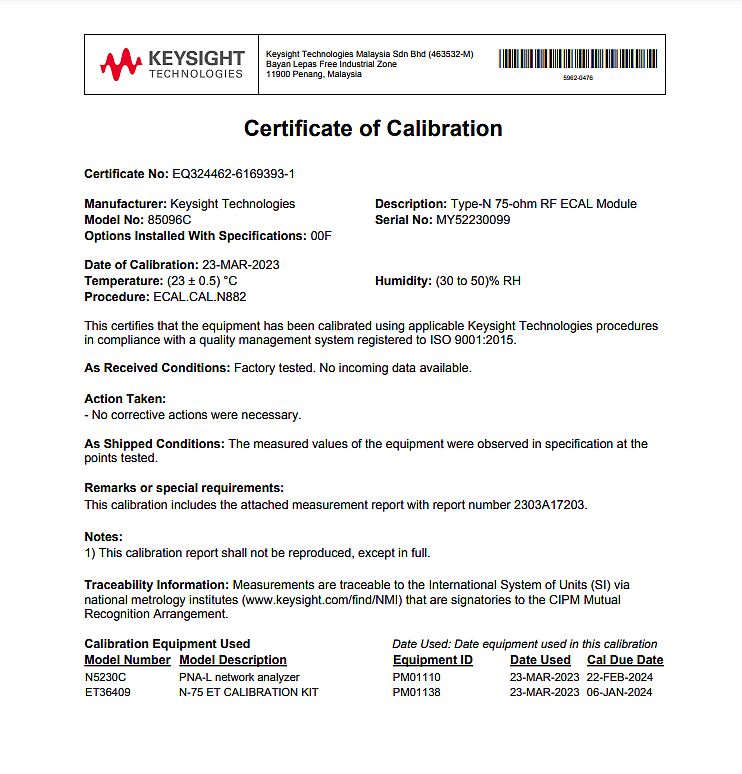 Keysight 85096C RF Electronic Calibration Module / 300 kHz to 3 GHz / Type-N / 75 ohm / 2-port