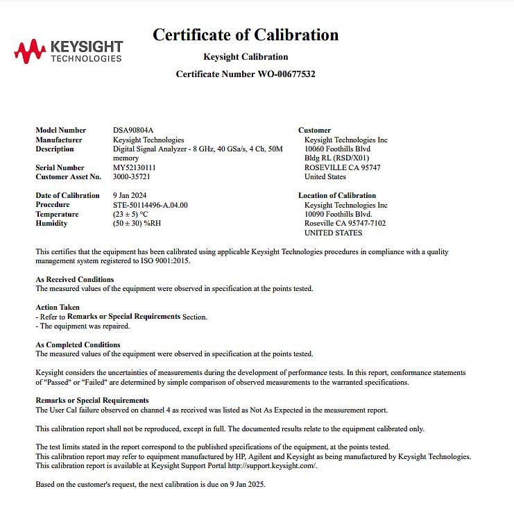 Keysight DSA90804A Infiniium High Performance Oscilloscope / 8GHz / 40GSa/s / 4 Channels / 50M Memory