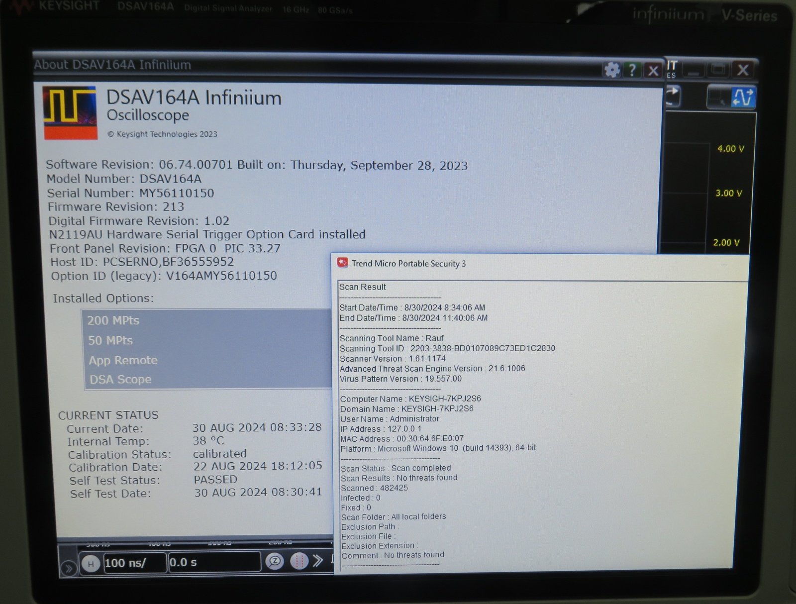 Keysight DSAV164A Infiniium V-Series Oscilloscope / 16 GHz / 80/40 GSa/s / 4 Analog Channels