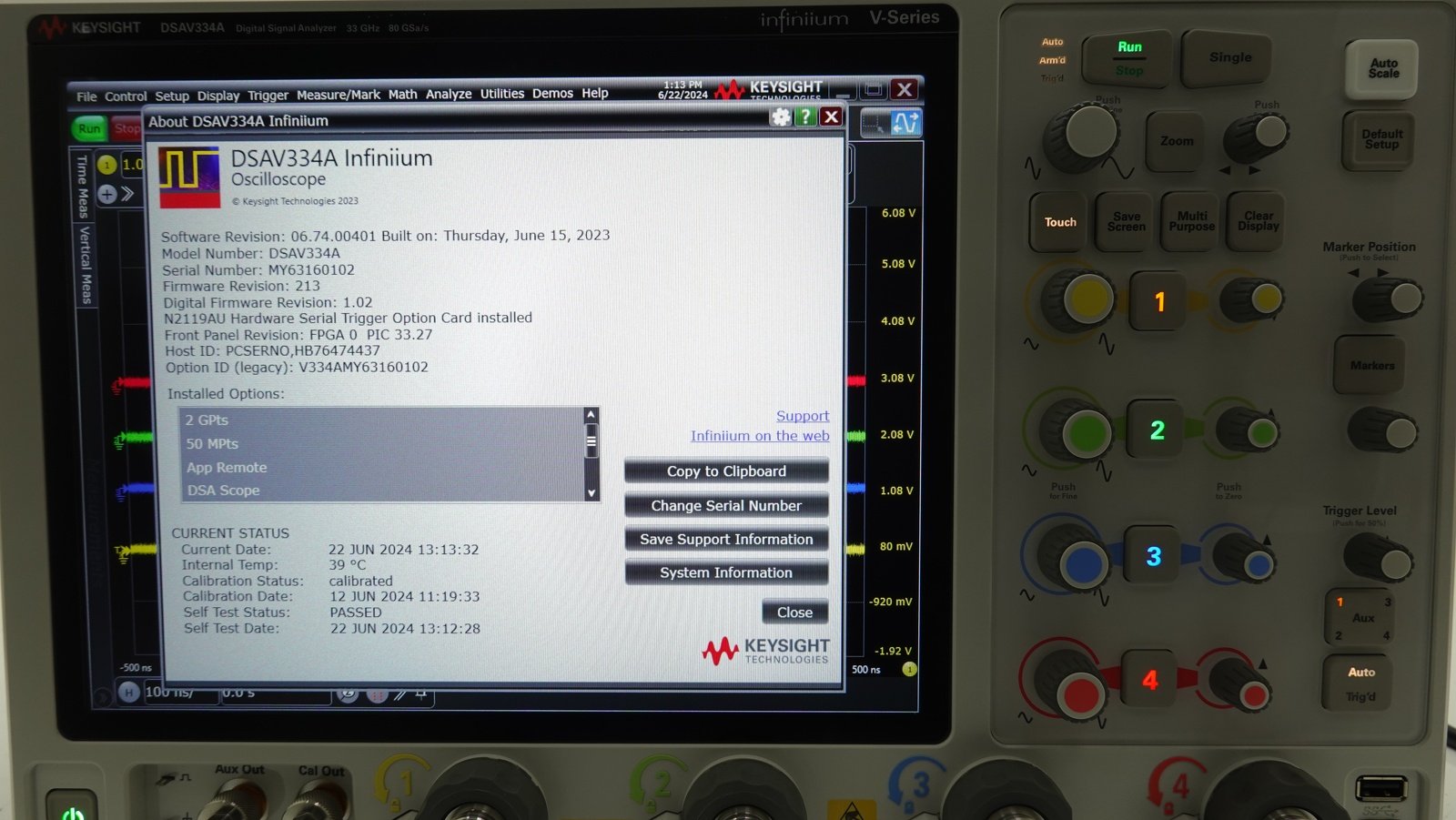 Keysight DSAV334A Infiniium V-Series Oscilloscope / 33 GHz / 80/40 GSa/s / 4 Analog Channels