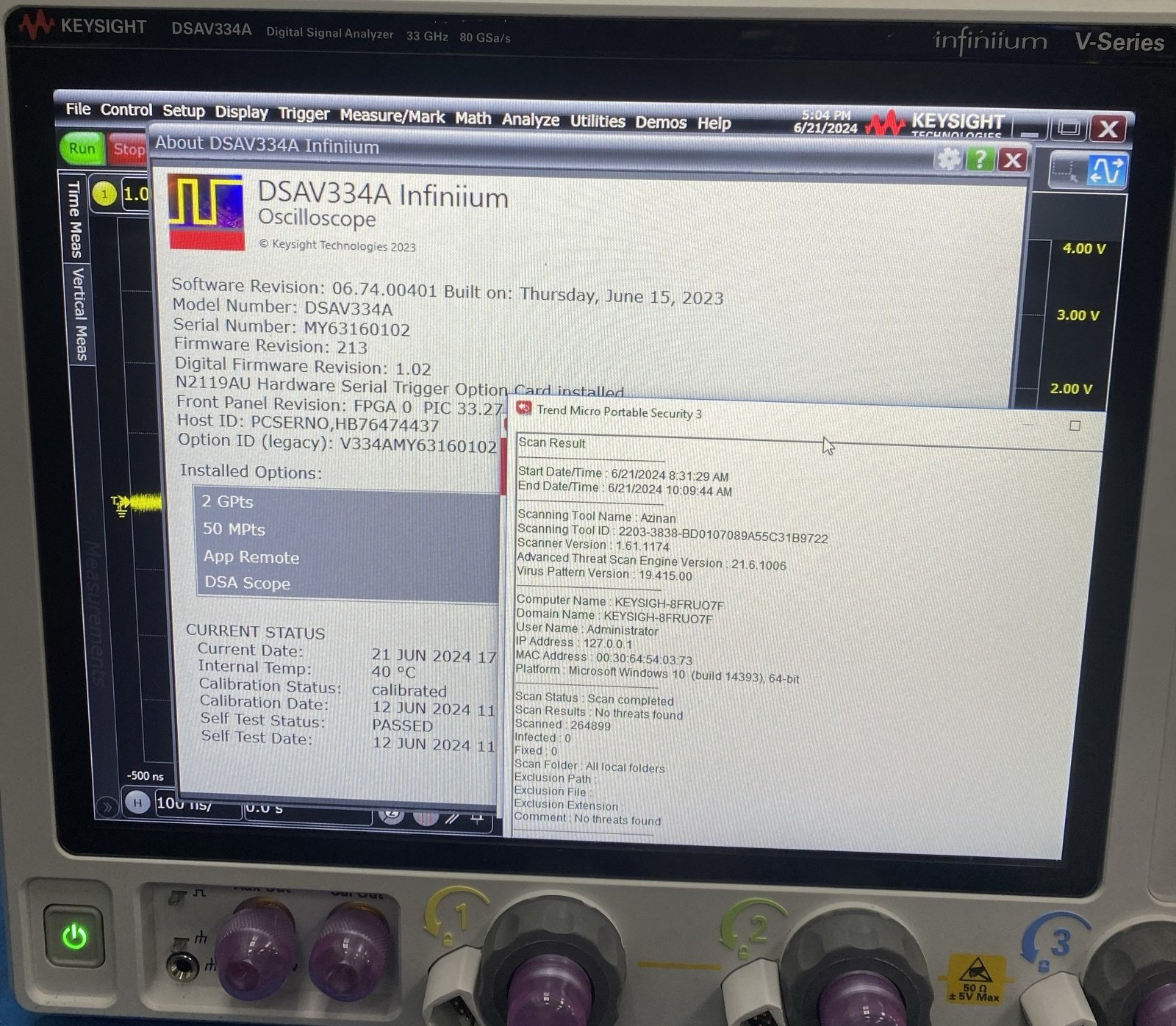 Keysight DSAV334A Infiniium V-Series Oscilloscope / 33 GHz / 80/40 GSa/s / 4 Analog Channels