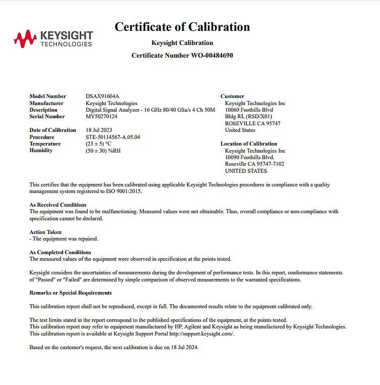 Keysight DSAX91604A Infiniium High-Performance Oscilloscope / 16 GHz / 80/40 GSa/s / 4 Channels / 50M