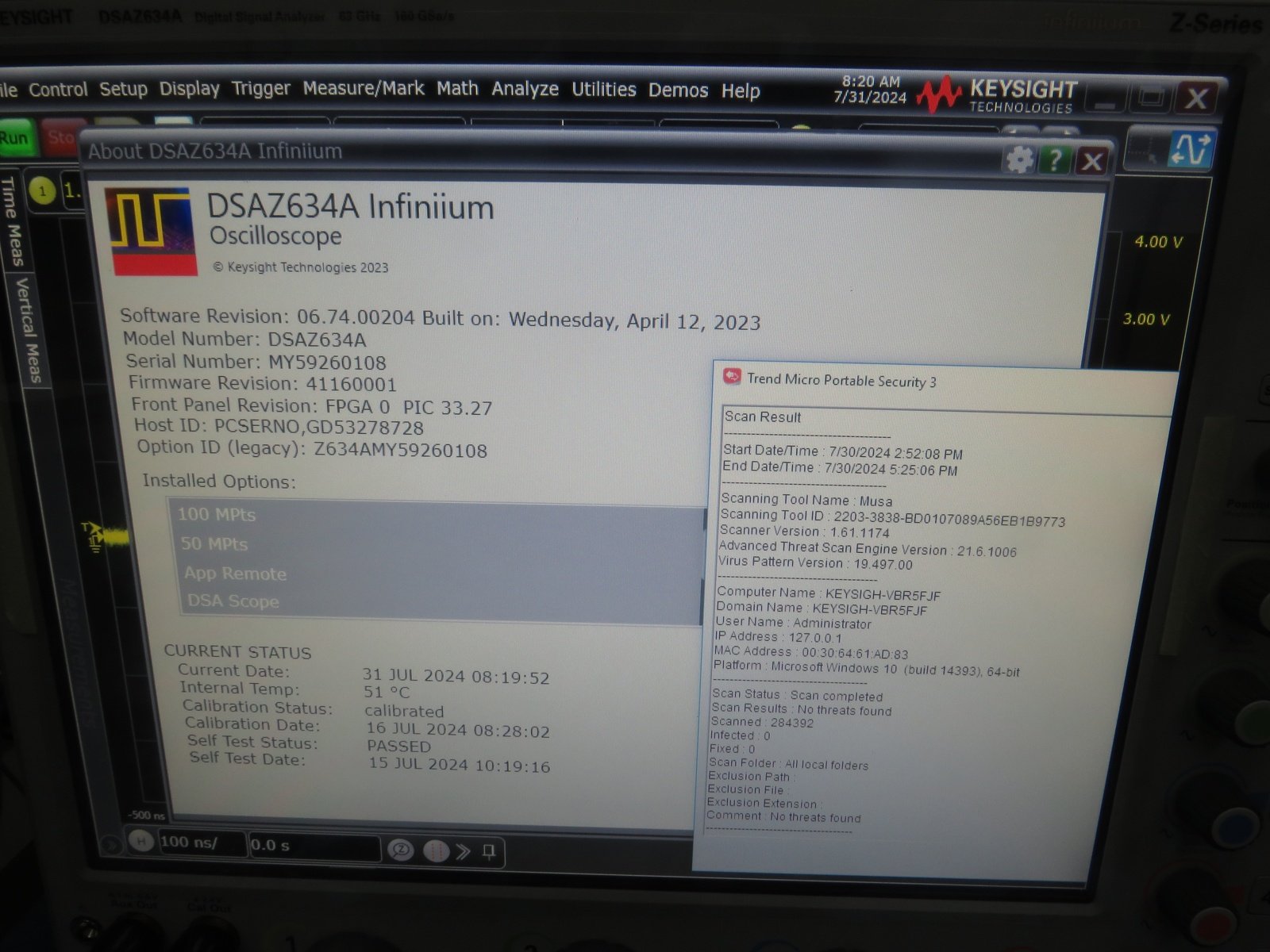 Keysight DSAZ634A Infiniium Oscilloscope / 63 GHz / 160/80 GSa/s / 4 Channels