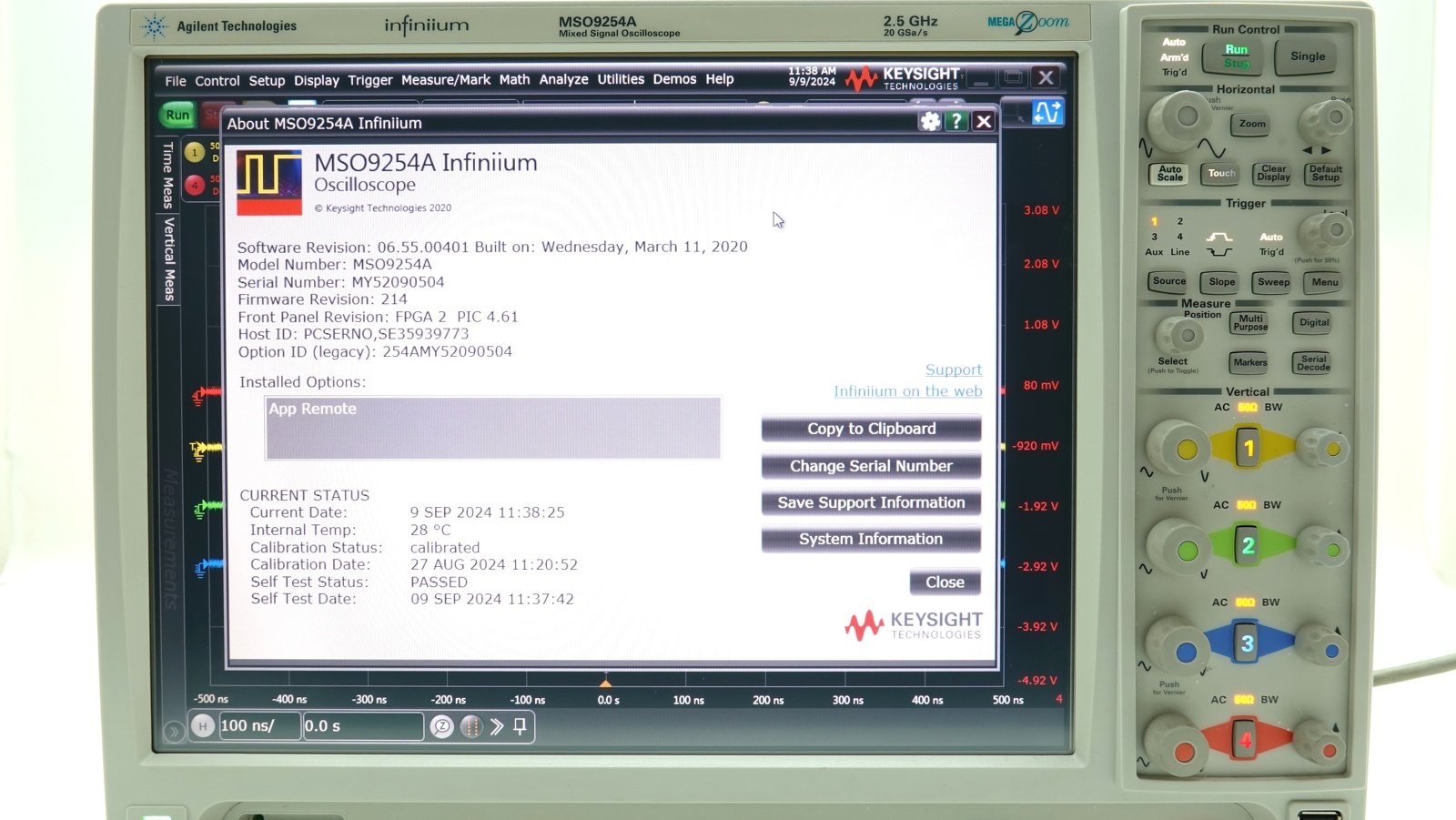 Keysight MSO9254A Mixed Signal Oscilloscope / 2.5 GHz / 10/20 GSa/s / 4 Analog Plus 16 Digital Channels