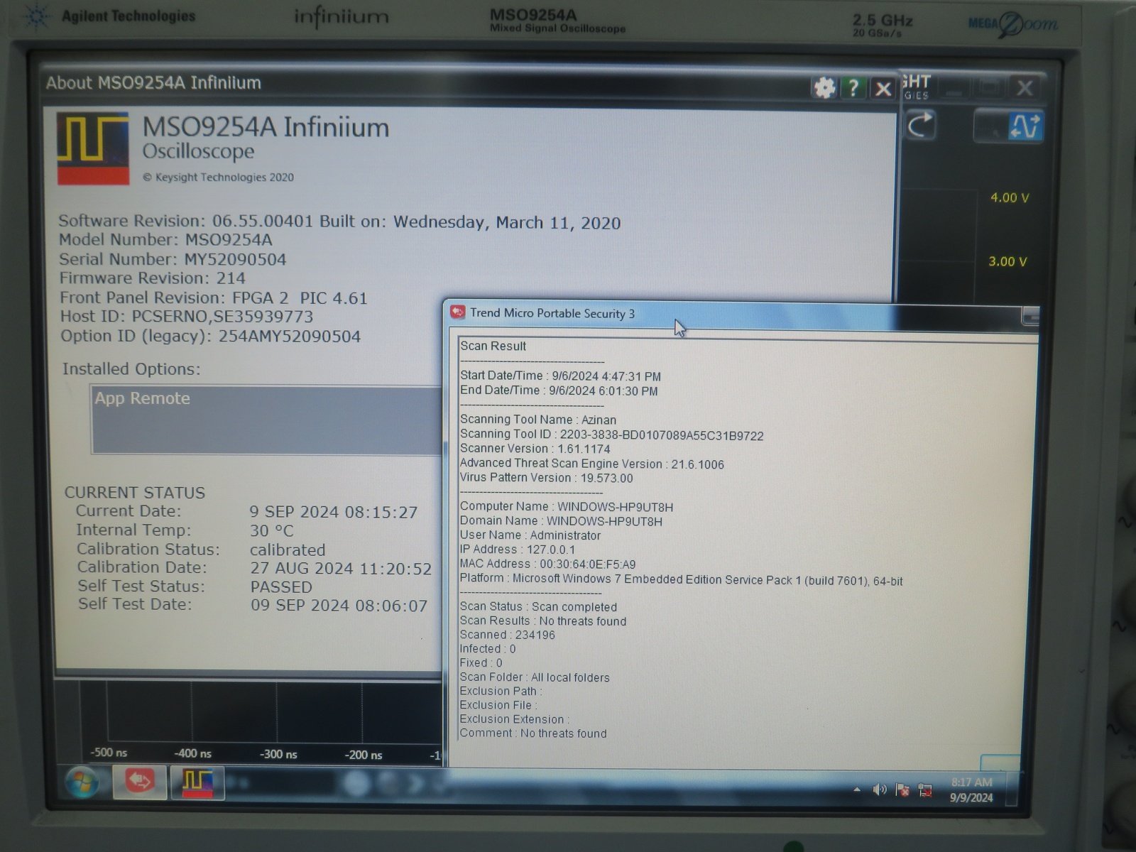 Keysight MSO9254A Mixed Signal Oscilloscope / 2.5 GHz / 10/20 GSa/s / 4 Analog Plus 16 Digital Channels