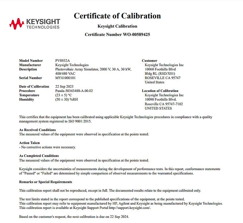 Keysight PV8932A Photovoltaic Array Simulator / 2000V / 30A / 30kW / 400/480VAC